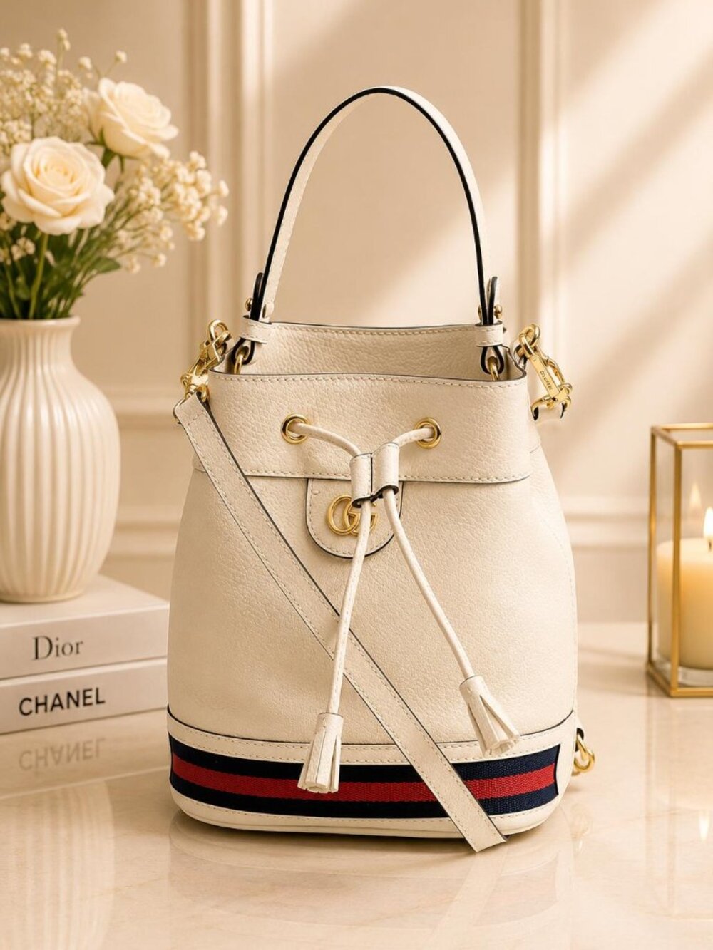 Authentic Gucci Ophidia Small Bucket Bag Leather GG Logo Web Stripe Crossbody